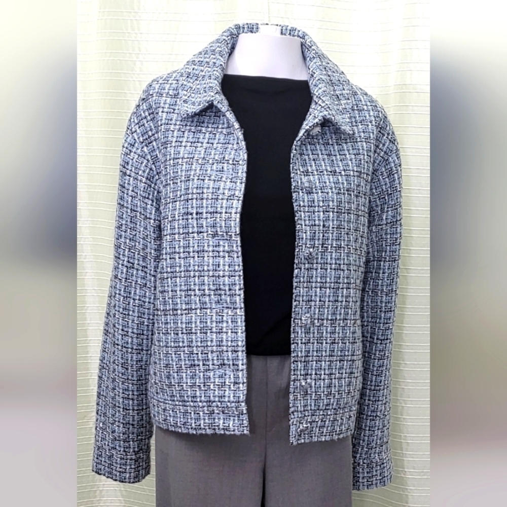 Boucle Shacket Blazer Oversize Sleeve Drop Shoulder Coat Blue/White Women's 10
